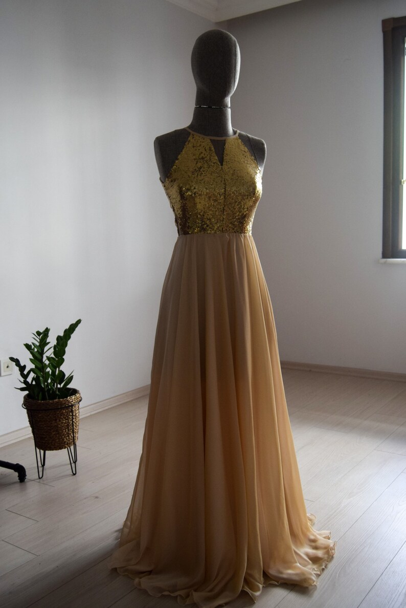 Wedding Party Dress Made To Measure Peach Chiffon With Top Sequin Gold Bridesmaid Dress Floor Length Sequin Evening Party Dress