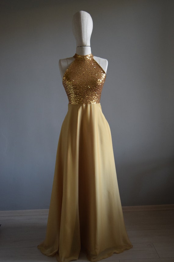 Made to Measure Chiffon With Top Sequin Gold Bridesmaid Maxi Dress Sequin Long MOH Halter Neckline Dress Sparkly Wedding Dress Etsy