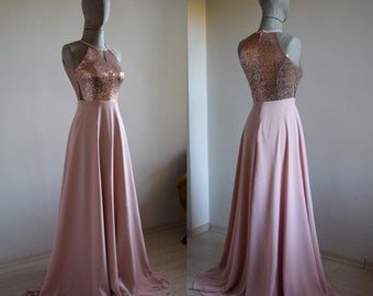 Charming Chiffon With Top Sequin Blush Pink Modest Bridesmaid Dress Made To Measure, Strap Sleeve Full Length Sequin MOH Dress