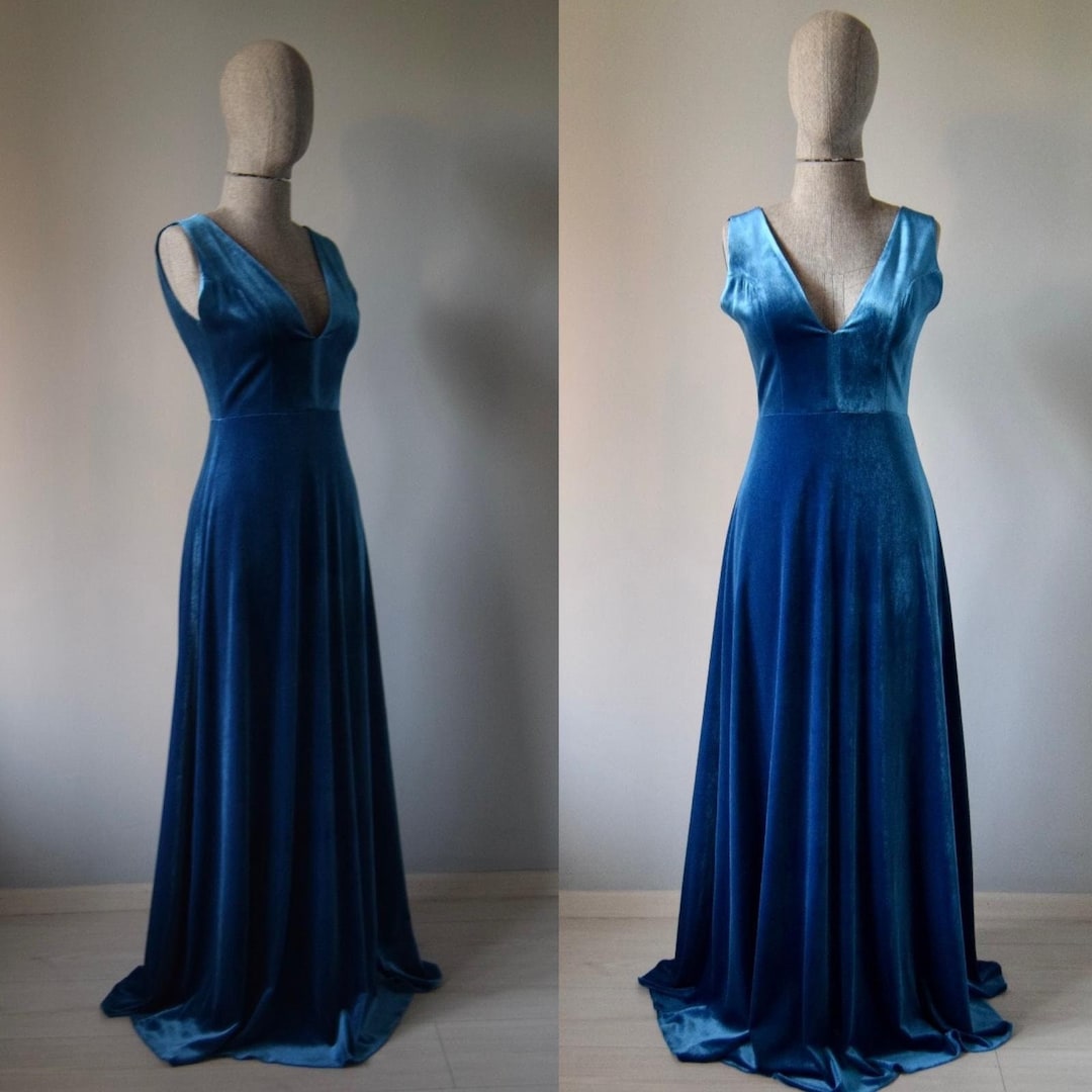 French Blue Velvet Bridesmaid Dress Deep Vneckline Strap Back Dress