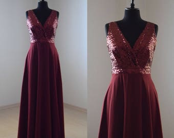 Made To Measure Chiffon With Top Sequin Bridesmaid Dress | Burgundy Dress | Sleeveless Full Length Sequin Evening Prom Dress | Wedding Party