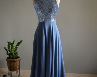 Cornflower Blue Sequin Maxi Dress: Handmade Silk Chiffon Cowl Neck Gown -  Etsy