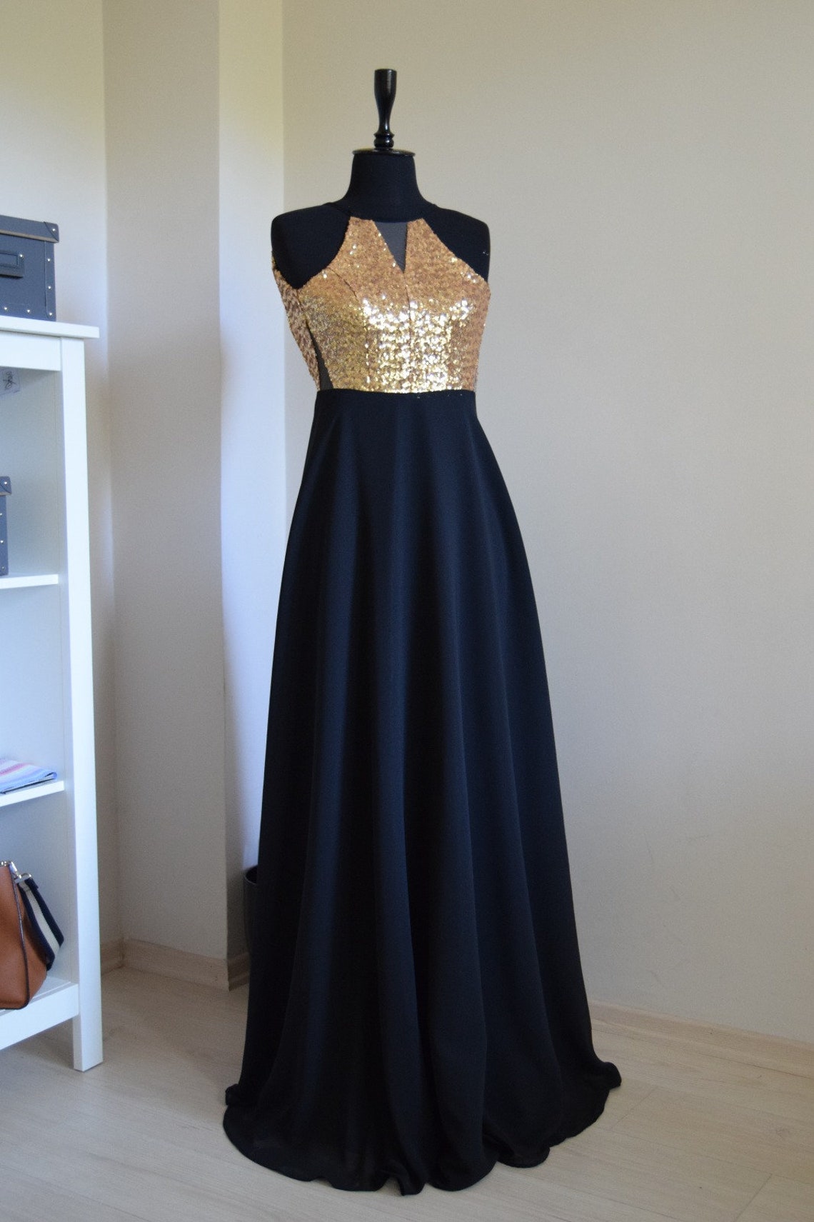 Handmade Black Chiffon With Top Gold Sequin Bridesmaid Dress image 2