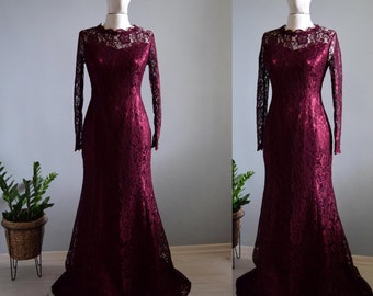 Elegant Bordeaux Lace Bridesmaid Dress | Sheath Silhouette Floor Length Lace Bridal Gown Wedding Party Guest Dress