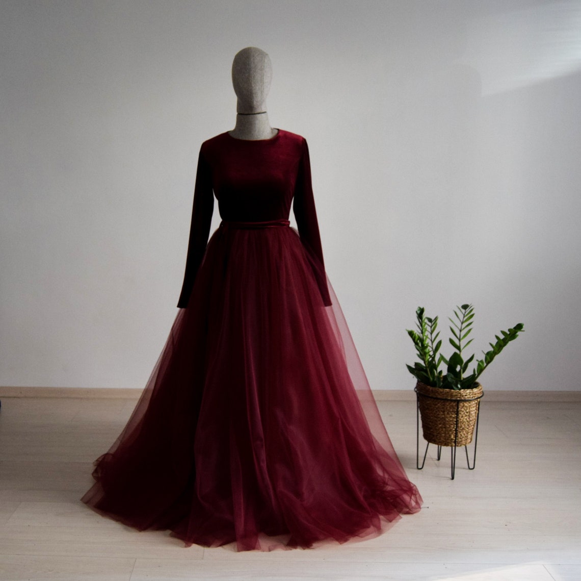 Silk Hayal Tulle With Top Burgundy Lux Velvet Long Sleeve image 1