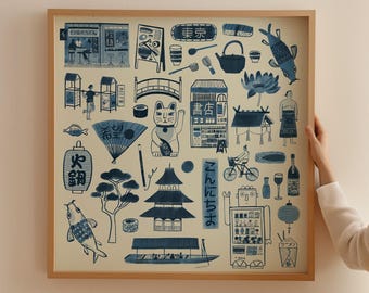 Scenes of Japan | Tokyo & Kyoto Illustration | Travel Wall Art | Giclée Square Print