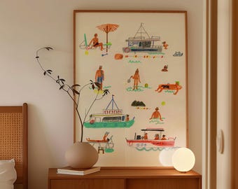 Beach Goers | Greece | Illustrated Fine Art Giclée Print | A5 - A1