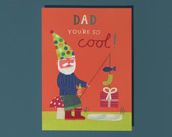 Colourful Gnome Dad Fishing with Beer | Birthday or Father's Day Greeting Card