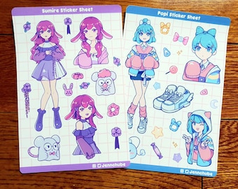 May include: Two sticker sheets featuring anime-style characters. The left sheet features a pink-haired character named Sumire with bunny ears and a purple dress. The right sheet features a blue-haired character named Popi with cat ears and a blue jacket. Both sheets include various accessories and small details.