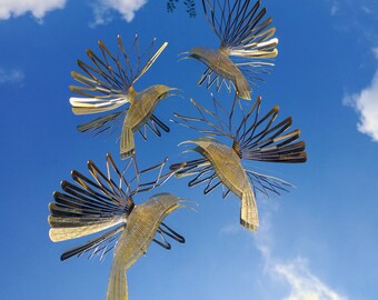 Mirror decor hummingbird  Brass bird bathroom decor The MIRROR IMAGE DOUBLES the wing to make a 3D Bird, Window decor, 4 pieces