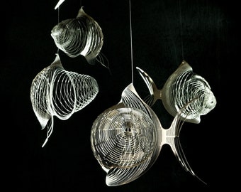 Fish Mobile of stainless Stee, wire sculpture 4 or 6 piece kinetic mobile art