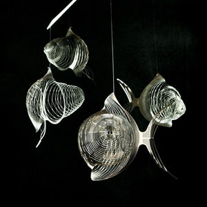 Fish Mobile of stainless Steel, wire sculpture 4 or 6 piece kinetic mobile art