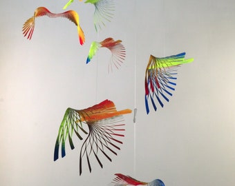 kinetic sculpture, large 8 piece colorful bird mobile, Mobile in bird shape,  Minimalist bird in flight Mobile art.