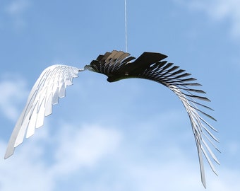 Large bird in flight of stainless steel, kinetic sculpture for bird lover gift, Hanging silver bird