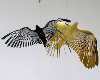 black and gold decor,  bird mobile 2 piece,  window shop decor, office artwork, Japanese decor, flying mobile.