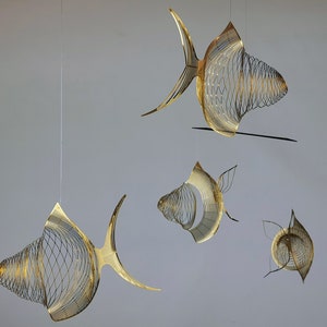 4 or 6 piece Minimalist Brass Fish Mobile, Kinetic art mobile  modern Mobile, fishing gift, wire art school of fish