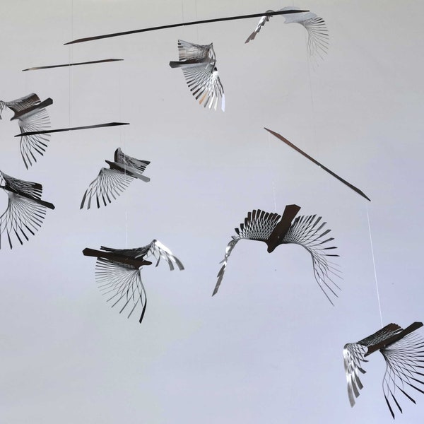 Large bird artwork, 8 piece flock of birds of stainless steel, kinetic steel art ,3d origami