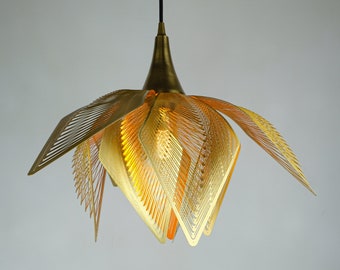 Golden flower pendant light with 9 leaf, Modern Brass chandelier, Brass pendent sculpture, Ceiling hanging lamp of gold