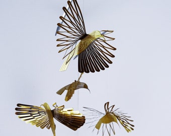 hummingbird mobile of brass, 4or6 piece bird lover gift, sunroom decor, nursery bird mobile, kitchen metal sculpture,