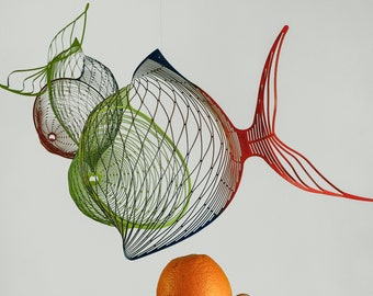 Large  colorful Fish Mobile, Wire Sculpture Art of Under the Sea,  Fish Kinetic Sculpture, Metal Ocean Art, Nautical Decor