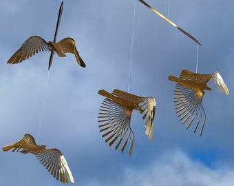 bird mobile art of brass, bird kinetic hanging decor, appreciation gifts for bird lover