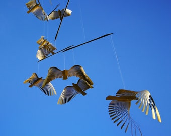 Large bird mobile, 8 piece flock of birds brass mobile, kinetic metal art sculpture,Mobile Sculpture