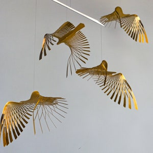 golden bird mobile,4 piece bird in flight brass mobile, kinetic metal art sculpture,Mobile Sculpture art.