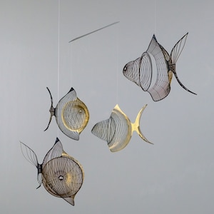 Gold black fish mobile 4 or 6 piece, Fish metal sculpture, fishing gift, mindfulness gift image 5