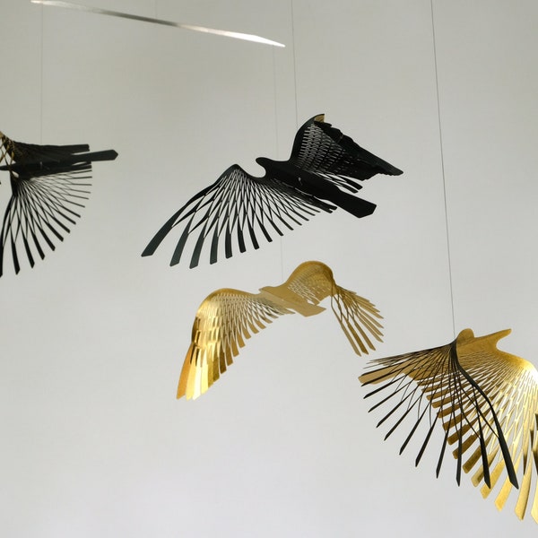 bird ornaments, black and gold decor bird mobile,4 piece bird hanging, bird day gift,  brass sculpture, Mobile art