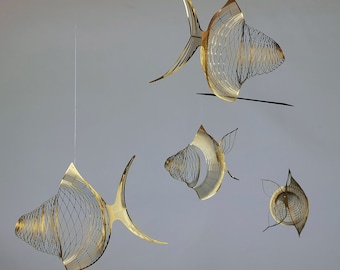 4 or 6 piece Minimalist Brass Fish Mobile, Kinetic art mobile  modern Mobile, fishing gift, wire art school of fish