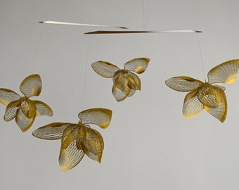 Flower Sculpture Kinetic Mobile,  Brass Flower Decor Orchid, Metal Flower Art, Floral art Hanging Mobile