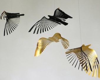 bird ornaments, black and gold decor bird mobile,4 piece bird hanging, bird day gift,  brass sculpture, Mobile art