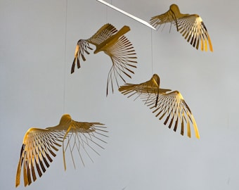 golden bird mobile,4 or 5 piece bird in flight brass mobile, kinetic metal art sculpture,Mobile Sculpture art.