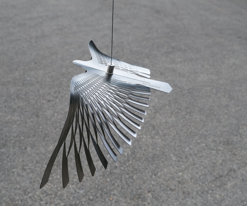 Large bird in flight of stainless steel, kinetic sculpture for bird lover gift, Hanging silver bird image 8