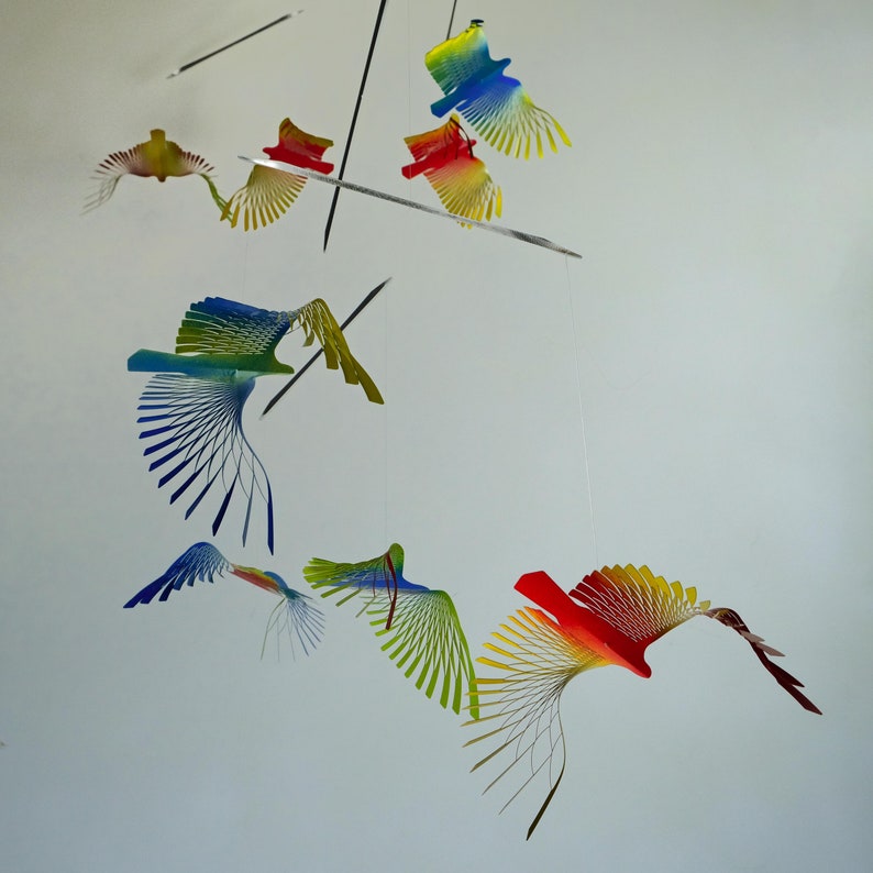 Large Colorful Bird Mobile, 8 Bird Kinetic Sculpture, Flock of Birds Metal Hanger, Metal Decor Adornment image 1