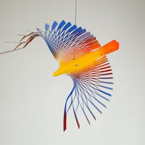 Large colorful bird Mobile,  Garden art  Bird sculpture,  kinetic sculpture porch decor, bird indoor and outdoor metal art.