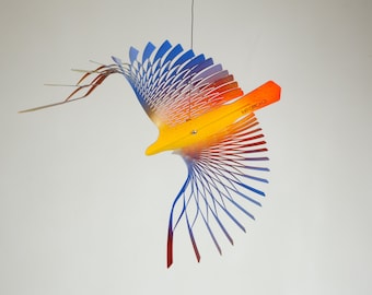 Large colorful bird Mobile,  Garden art  Bird sculpture,  kinetic sculpture porch decor, bird indoor and outdoor metal art.