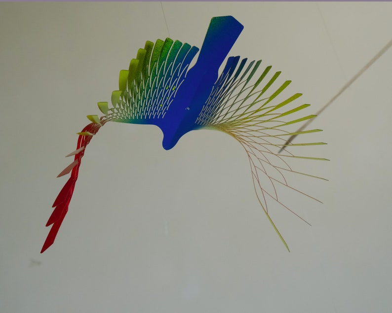 Large Colorful Bird Mobile, 8 Bird Kinetic Sculpture, Flock of Birds Metal Hanger, Metal Decor Adornment image 10