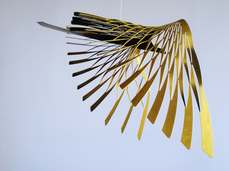 golden bird mobile,4 or 5 piece bird in flight brass mobile, kinetic metal art sculpture,Mobile Sculpture art. image 7