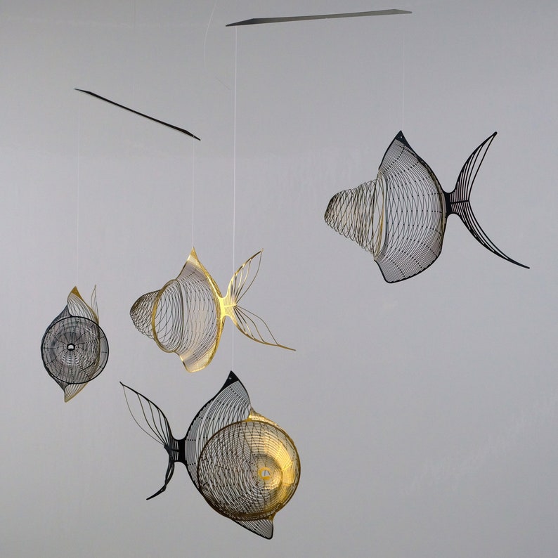 Gold black fish mobile 4 or 6 piece, Fish metal sculpture, fishing gift, mindfulness gift image 3