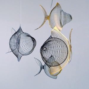 Gold black fish mobile 4 or 6 piece, Fish metal sculpture, fishing gift, mindfulness gift