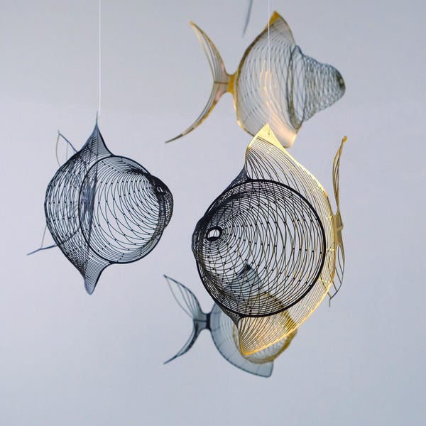 Gold Black Fish Kinetic Metal Mobile, Handcrafted Ocean Art Sculpture