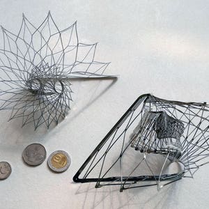 May include: Two silver wire sculptures, one resembling a spiral and the other a geometric shape, are displayed on a white surface. Three silver coins are also visible.