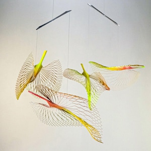 Colorful Skeleton Leaf Kinetic Sculpture, Modern Hanging Mobile Art