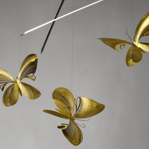 Butterfly mobile of brass, butterfly art, 4 or 6 piece kinetic sculpture, 3D geometric animal image 3