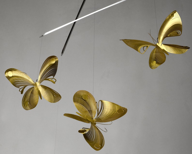 Butterfly mobile of brass, butterfly art, 4 or 6 piece kinetic sculpture, 3D geometric animal image 3