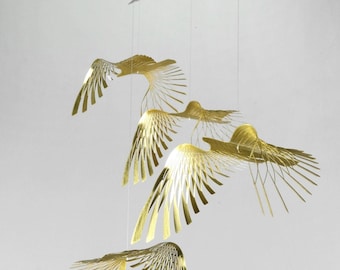 Brass Bird Hanging Mobile: Kinetic Art Sculpture