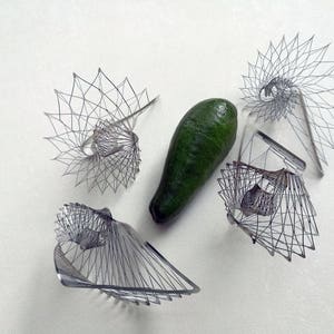 May include: Five wire sculptures in the shape of a spiral, with a green avocado in the center.