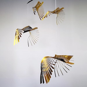 golden bird mobile,4 or 5 piece bird in flight brass mobile, kinetic metal art sculpture,Mobile Sculpture art. image 6
