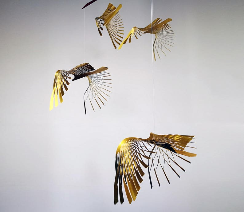 golden bird mobile,4 or 5 piece bird in flight brass mobile, kinetic metal art sculpture,Mobile Sculpture art. image 6